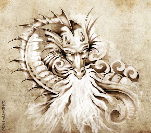 Fototapeta Sketch of tattoo art, fantasy medieval dragon with white fire