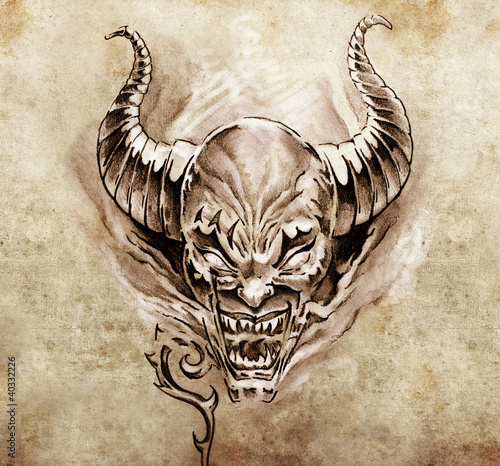  Tattoo art, sketch of a devil with big horns
