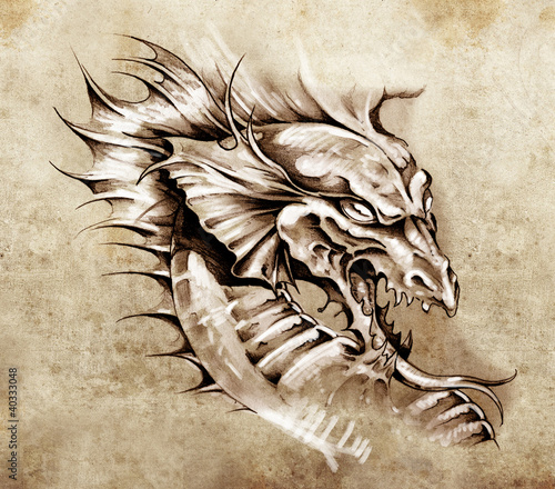 Fototapeta Sketch of tattoo art, dragon over antique paper