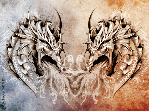 Fototapeta Tattoo art, fantasy medieval dragons heart