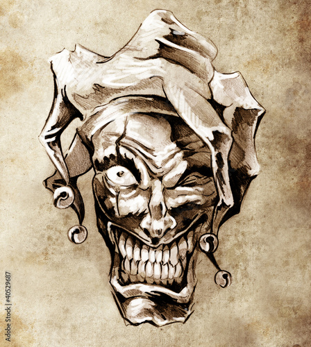 Fototapeta Fantasy clown joker. Sketch of tattoo art over dirty background