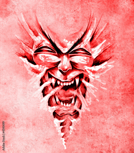 Fototapeta Sketch of tattoo art, monster agressive mask