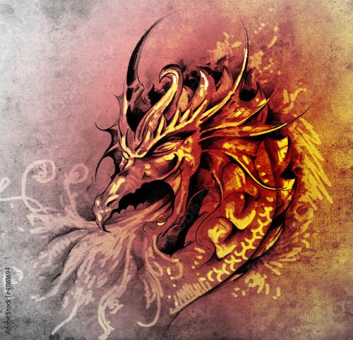 Fototapeta Sketch of tattoo art, anger dragon with white fire