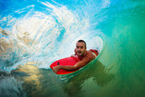 Boogie Boarder in the Barrel Riding Blue Ocean Wave in the Tube Poster #F41270275