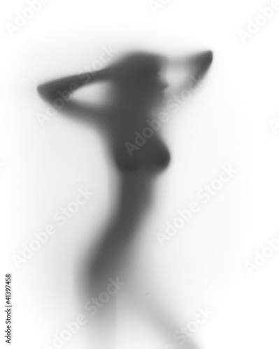 Fototapeta Sexy busty woman stands behind a curtain, silhouette