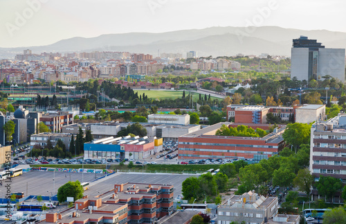 Poster view on Barcelona and fields of football stadium in Barceloba