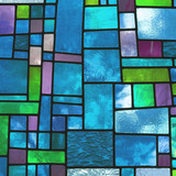 Multicolored stained blue glass window  square format