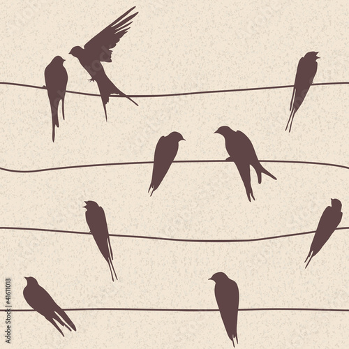 Fototapeta Vector seamless pattern with birds on wires