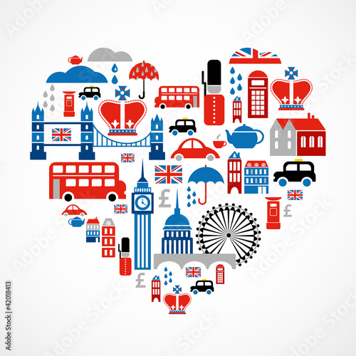 Fototapeta London love - heart with many vector icons