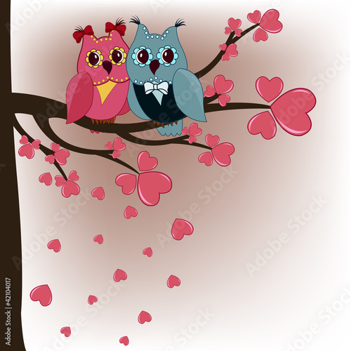 Fototapeta Two owls in a tree lovers with hearts