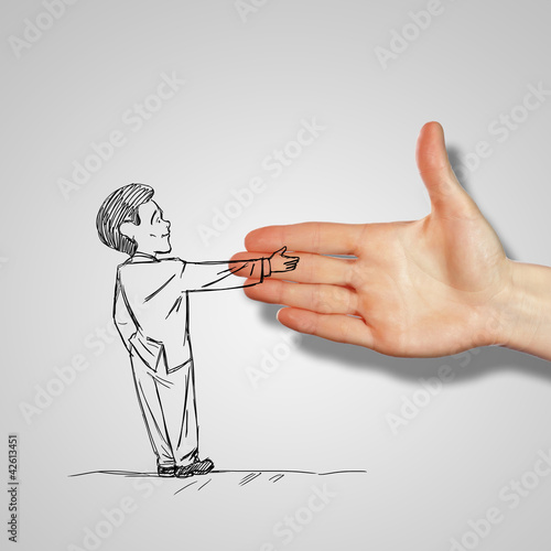 Lacobel Man shaking human hand