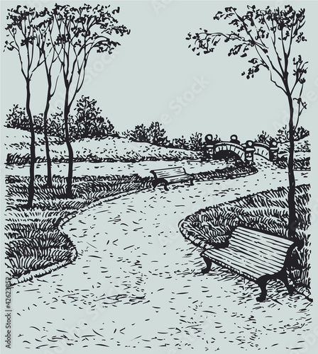  Vector landscape. Benches along the paths of park