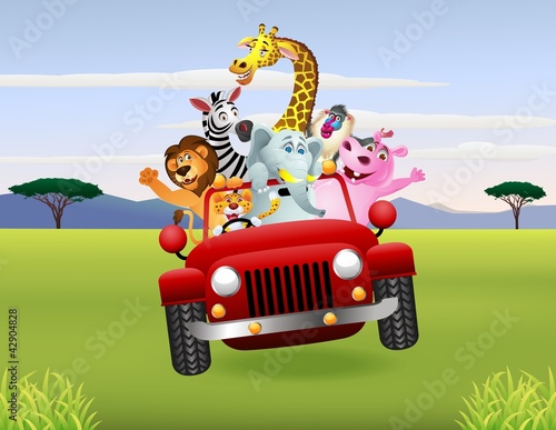 African Animals In Red Car
