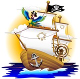 Nave Pirata con Pappagallo-Pirate Ship and Cartoon Macaw