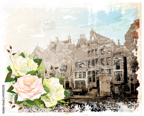  vintage illustration of Amsterdam street and roses. Watercolor s
