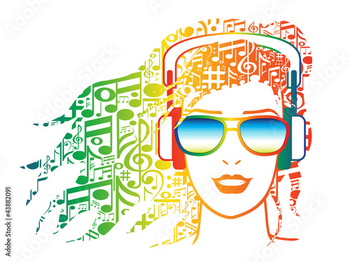 woman with headphones with musical notes for hair