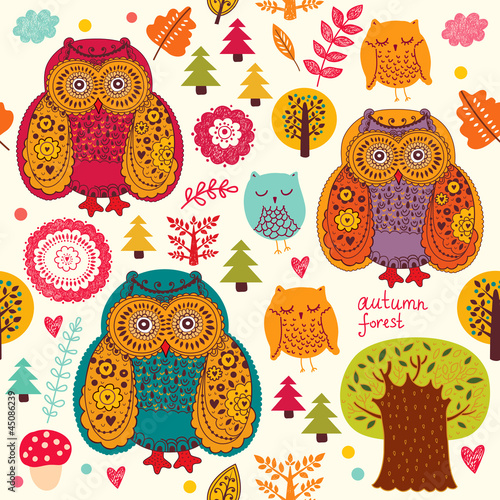 Vector seamless pattern with owls and trees