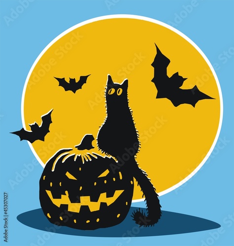 Fototapeta Halloween pumpkin, black cat, bats and moon