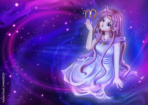  Manga style of zodiac sign on cosmic background, Virgo