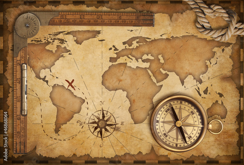 Poster aged treasure map, ruler, rope and old brass compass still life