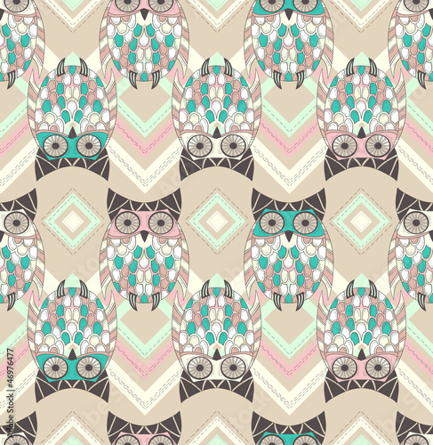 Fototapeta Cute owl seamless pattern with native elements