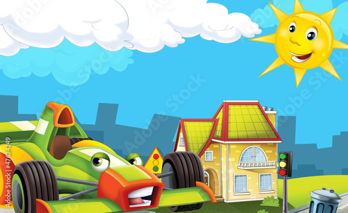 escena-de-dibujos-animados-con-feliz-coche-de-carreras-en-la-ciudad-ilustracion-para-ninos
