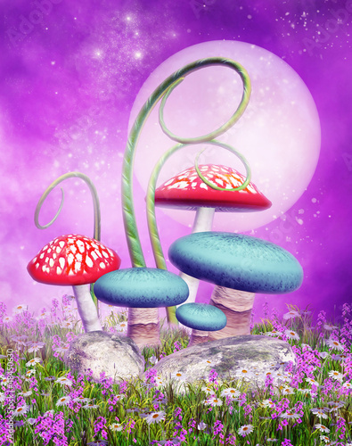 Fototapeta Kolorowe grzyby na różowej łące