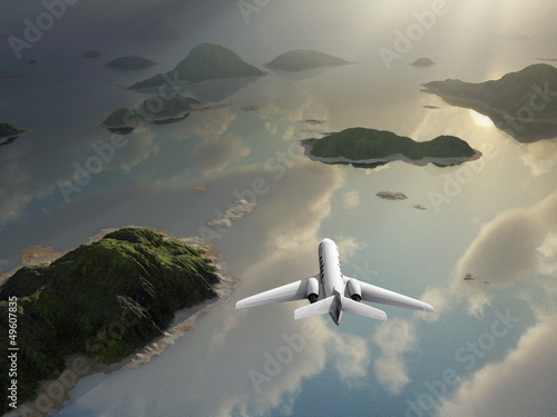 Lacobel aircraft flies over a islands