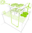 Sketches of sources of renewable energy on modern house
