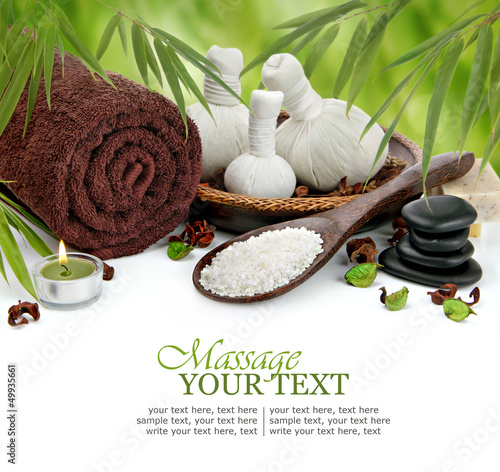 Fototapeta Spa massage border with towel, compress balls and bamboo