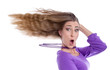 Partystimmung - Frau mit verwehtem Haar isoliert in Violett