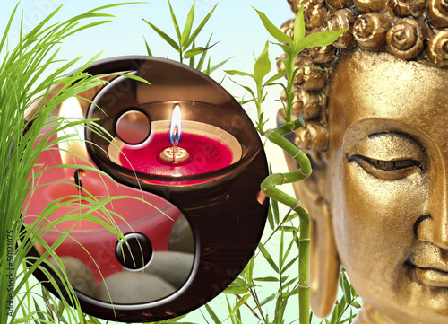 Fototapeta composition zen, Bouddha, Yin-yang, bambou