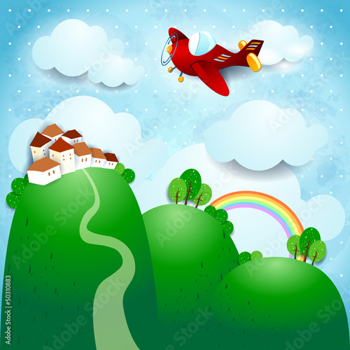 Fototapeta Fantasy landscape with airplane