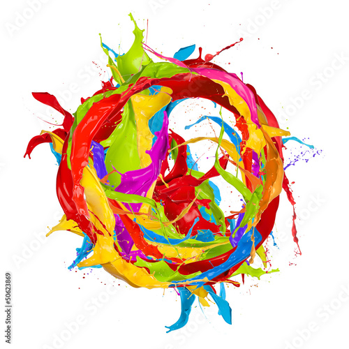 Fototapeta Colored paints splashes circle, isolated on white background
