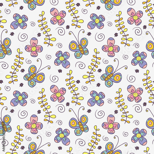 Fototapeta Childish seamless pattern with butterflies and flowers