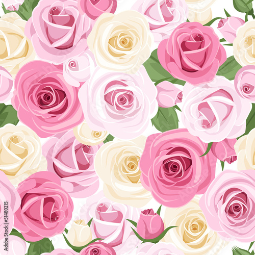  Vector seamless pattern with pink and white roses.