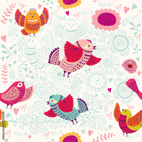 Fototapeta Seamless pattern with birds and flowers