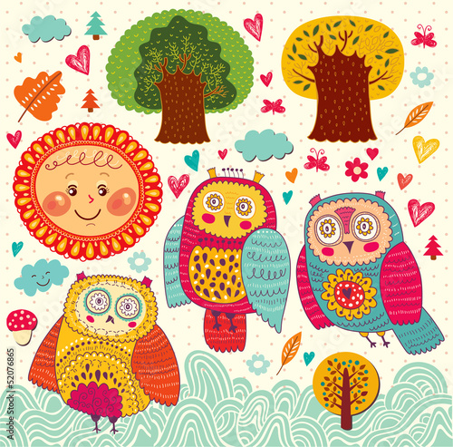 Cartoon vector illustration with owls and trees