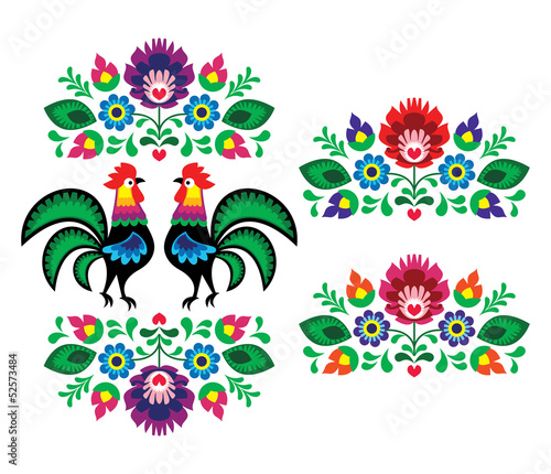 Fototapeta Polish ethnic floral embroidery with roosters traditional