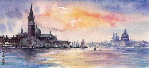 Fototapeta Venice,Italy at sunset.Picture created with watercolors.