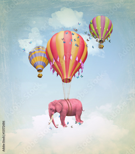 Fototapeta Pink elephant in the sky with balloons. Illustration