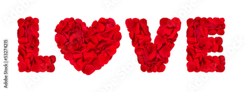 Fototapeta Word "LOVE" with heart made of rose petals
