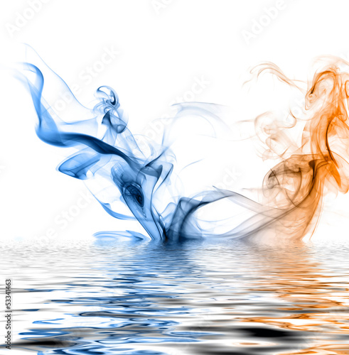 Fototapeta Blue and orange smoke reflected in the water surface.