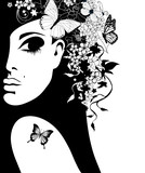 silhouette of a woman with flowers and butterflies