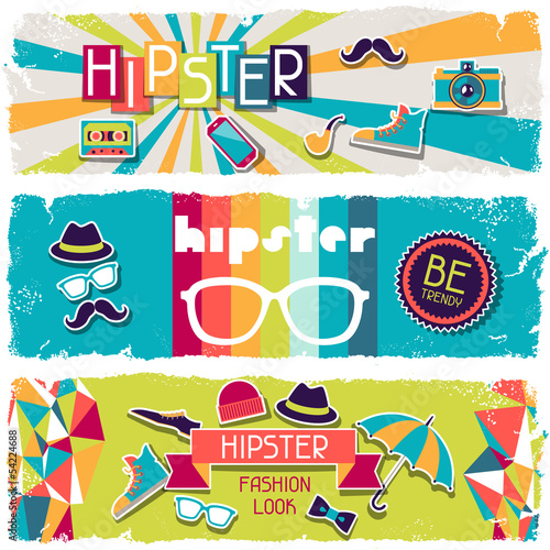  Hipster horizontal banners in retro style.