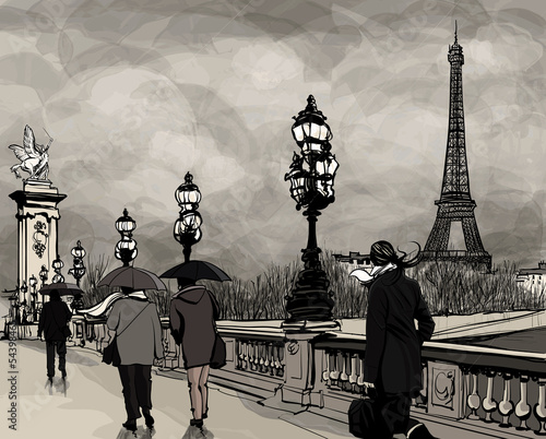 Lacobel Drawing of Alexander III bridge in Paris showing Eiffel tower