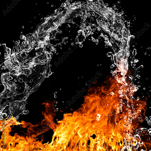 Fototapeta Fire flames with water splash