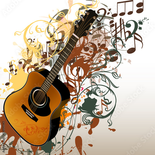 Fototapeta Grunge music vector background with guitar and notes