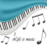 Music text frame with notes and piano keys