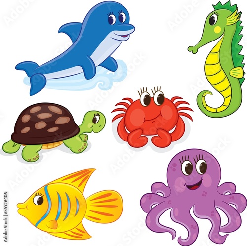 Fototapeta Set of cartoon sea animals. Vector illustration for coloring